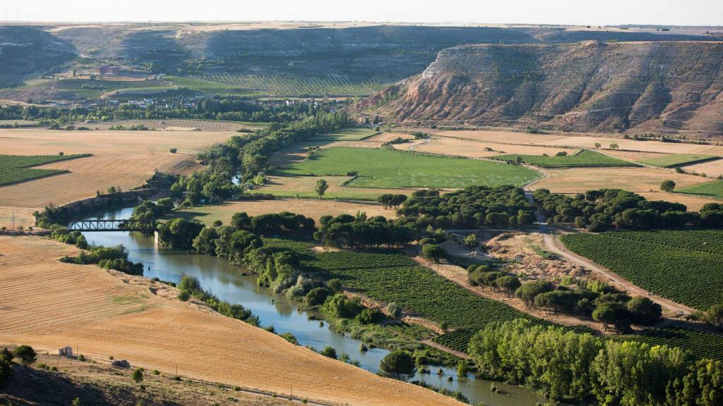 The Duero river winds through the landscape of Ribera de Duero